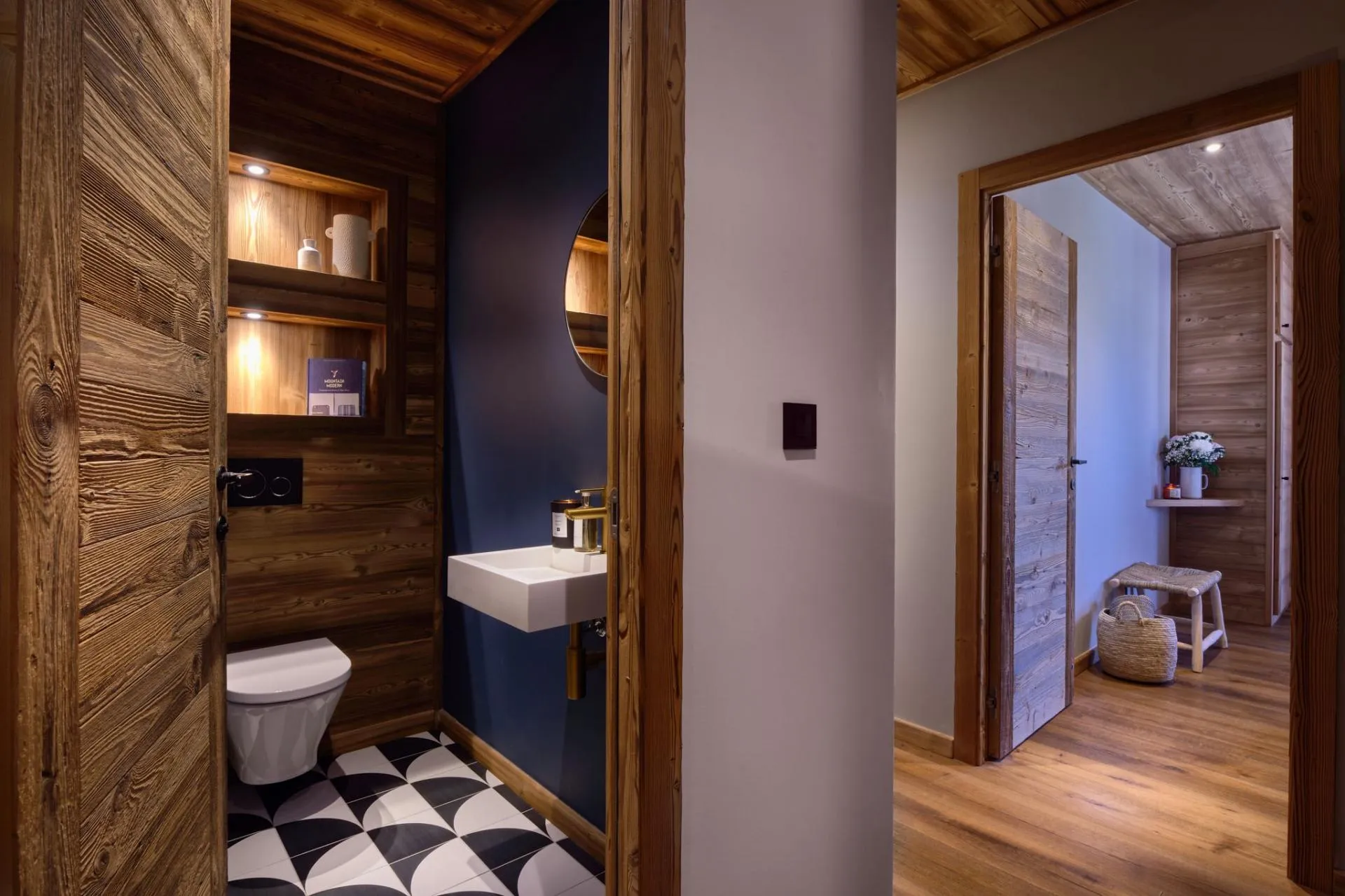 Powder room with patterned floor tiles