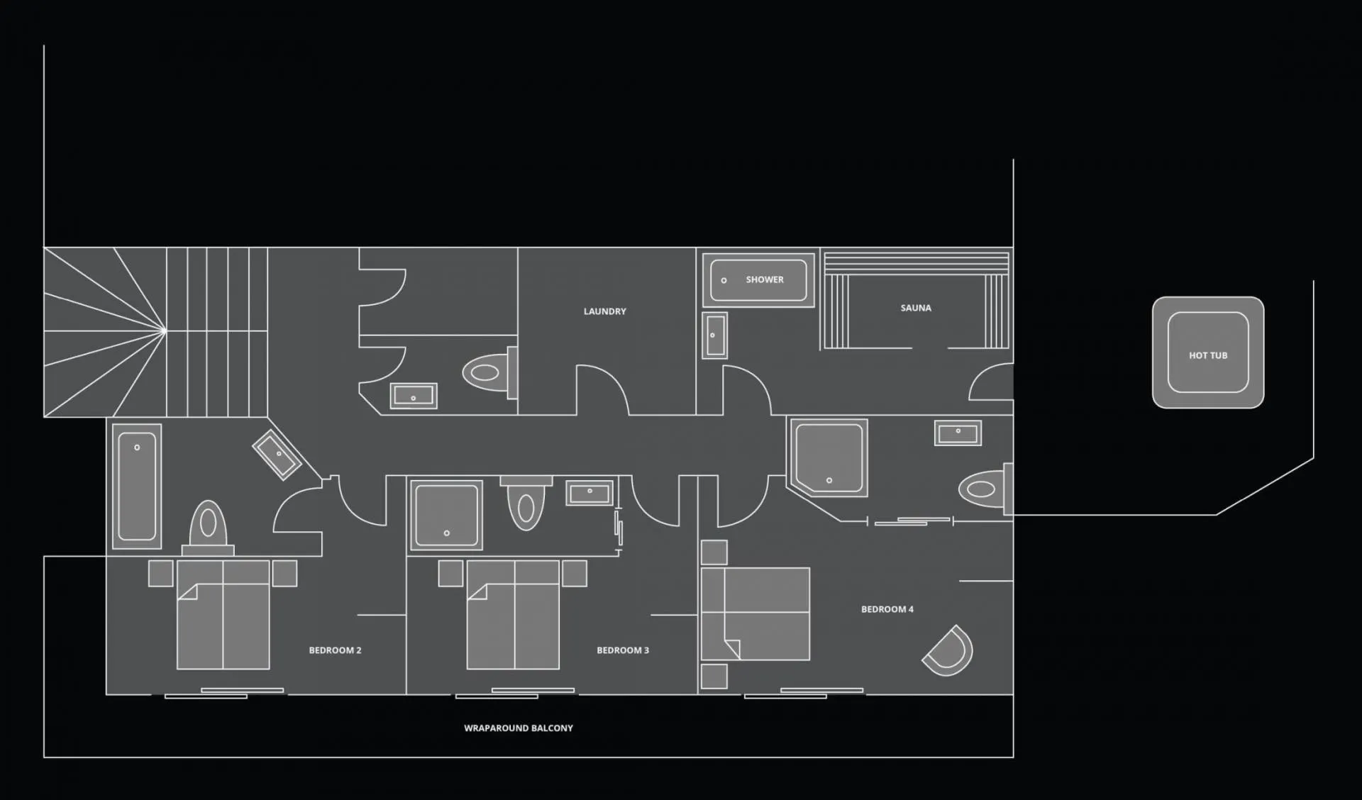 Level 3 floor plan with three en-suite bedrooms, sauna and outdoor hot tub