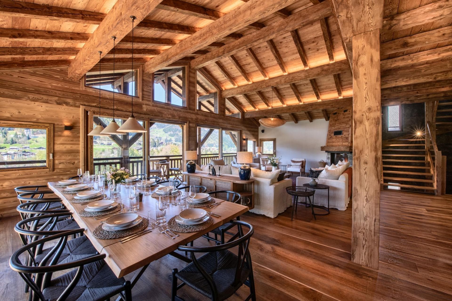 Open-plan dining and living area with mountain views