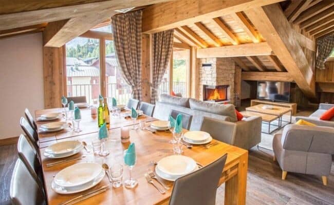 Dining table seats 10; living area with stone fireplace and mountain views