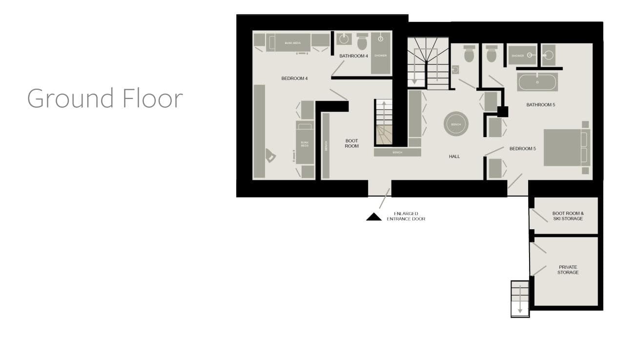 Ground floor layout with two ensuite bedrooms and dedicated ski storage