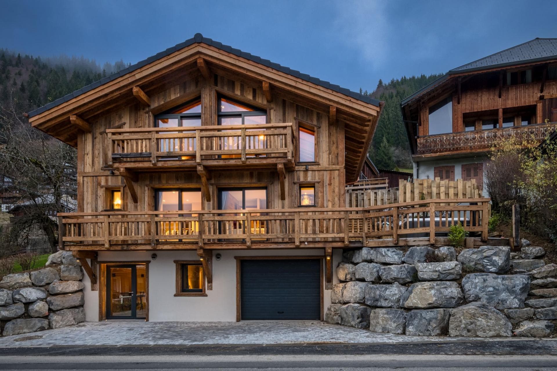 Chalet exterior with two private balconies and heated garage