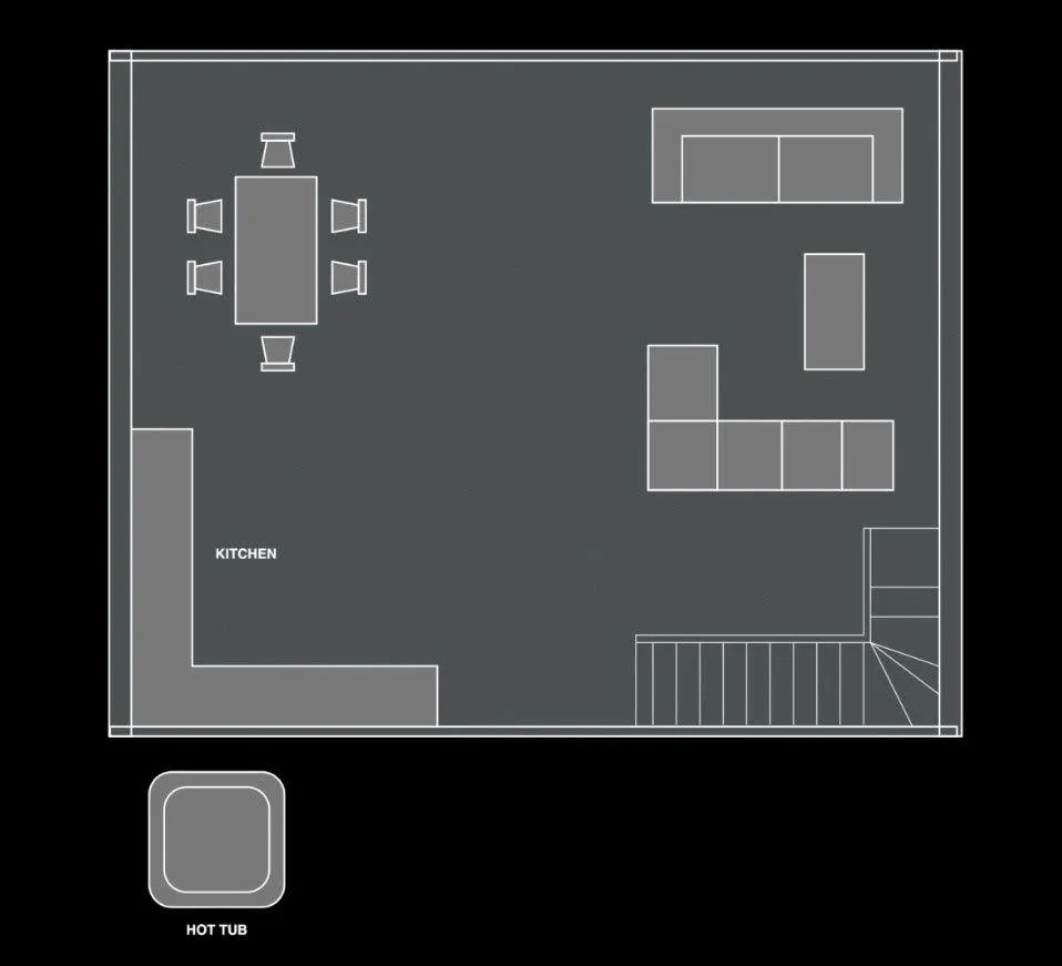 Level three plan with open-plan kitchen, dining and living area, balcony and outdoor hot tub