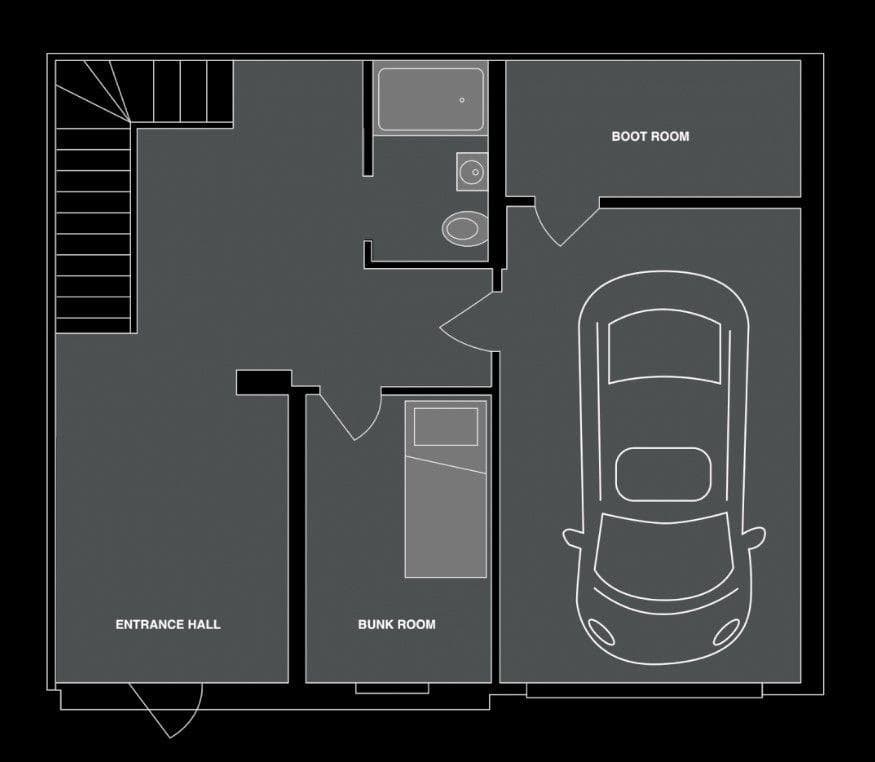 Ground floor plan: garage, boot room, bunk room, and entrance hall
