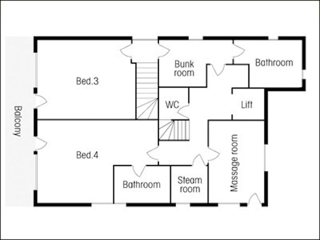 Floor plan: three bedrooms, massage room, steam room, and lift access