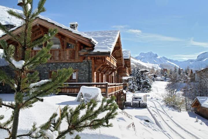 Ski-in/ski-out chalet with timber balconies and mountain views