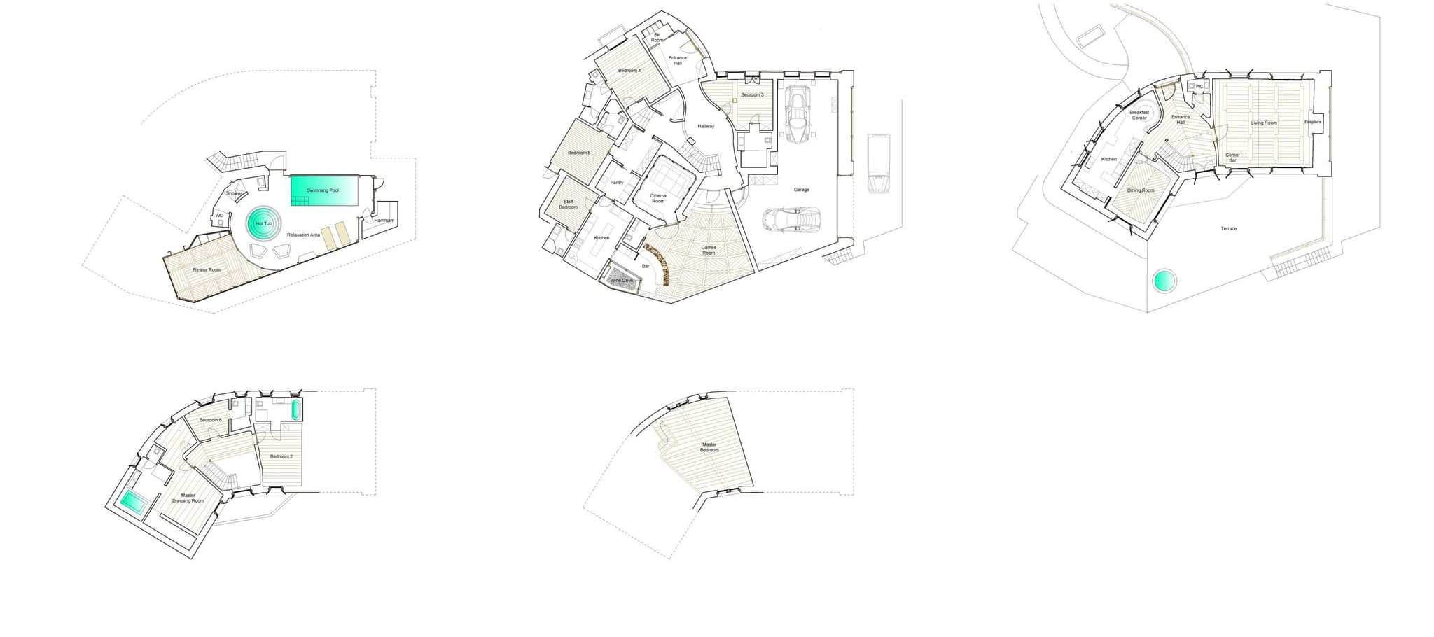 Multi-level floor plans: indoor pool, garage, living areas, and five bedrooms