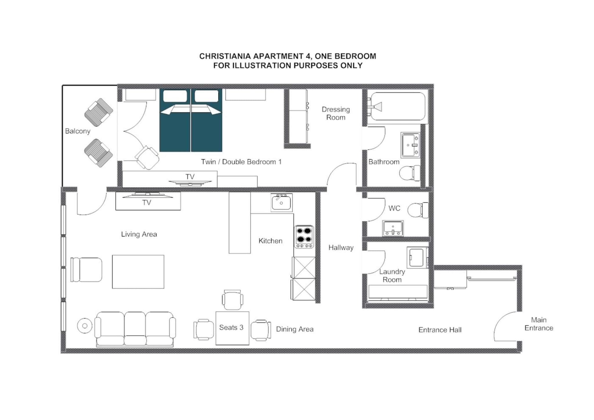 One-bedroom floor plan with separate dressing room, laundry, and private balcony