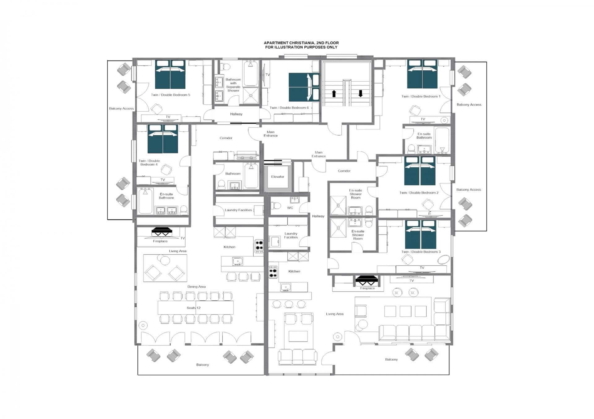 Second floor plan: six ensuite bedrooms, dual kitchens, and dining for 12