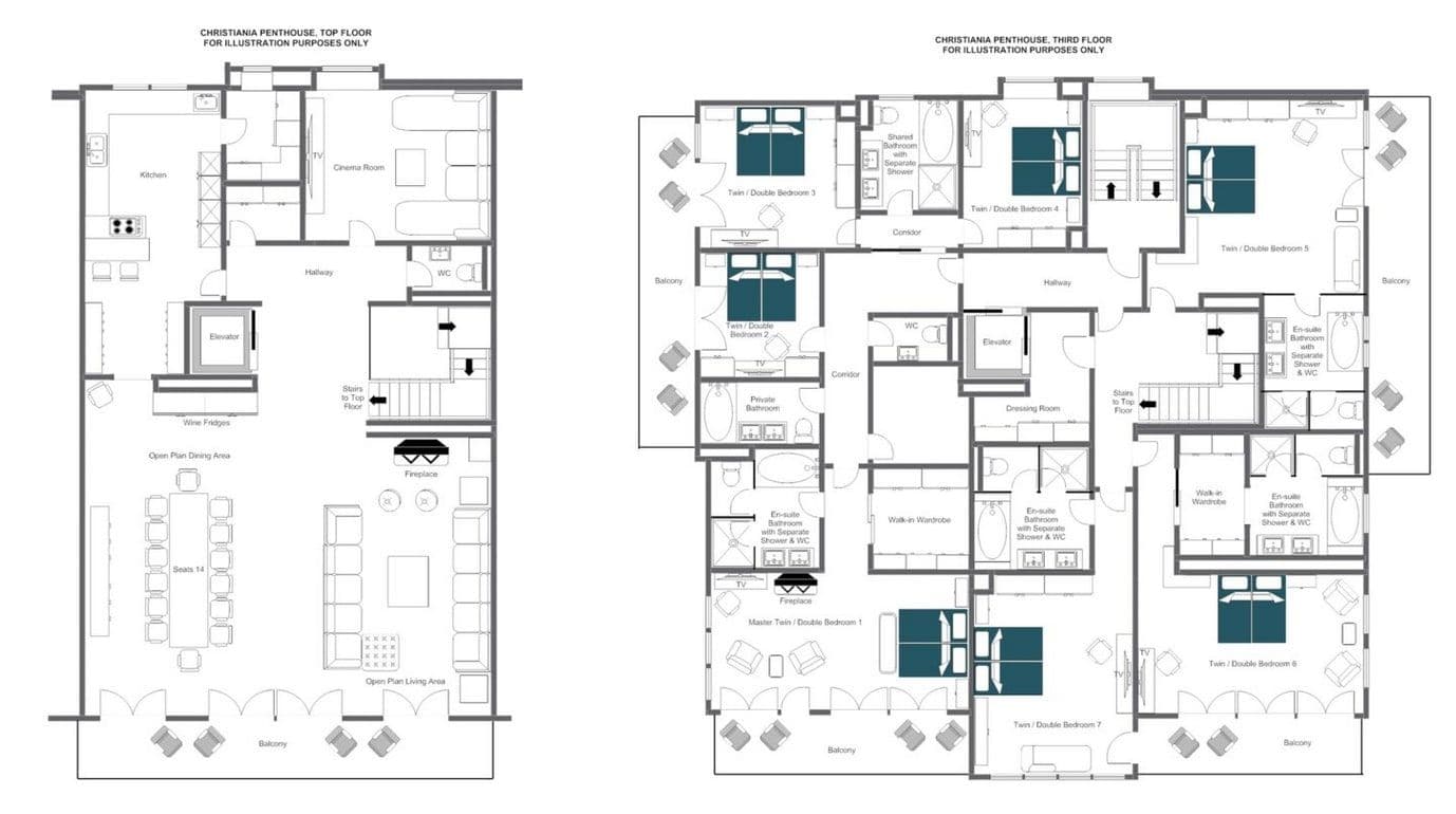 Floor plans for third and top floors; shows 7 bedrooms and cinema room