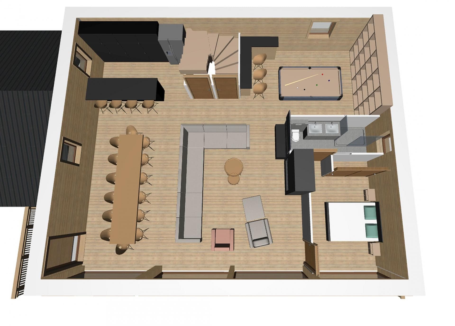 Floor plan: open-plan living area, dining for 10, billiards table, and ensuite bedroom