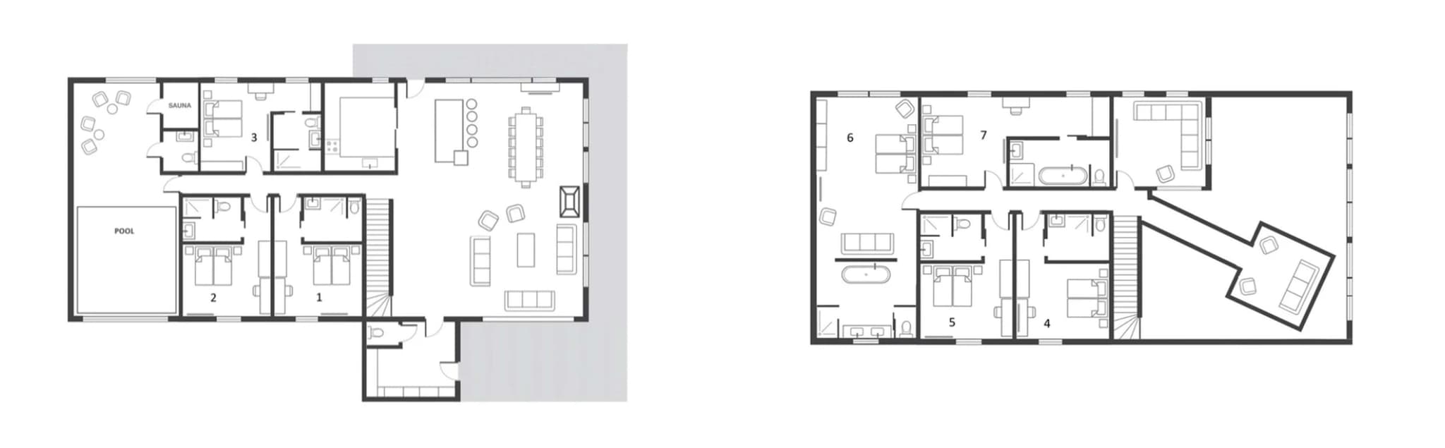Two-level floor plan: indoor pool, sauna, open-plan living, and seven ensuite bedrooms