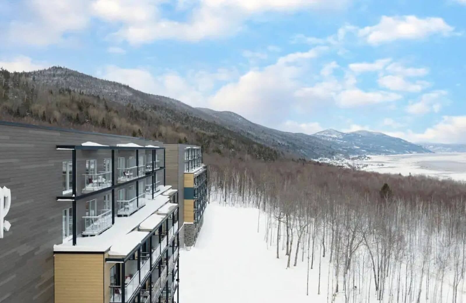 Private balconies with mountain and river views; ski-in/ski-out access