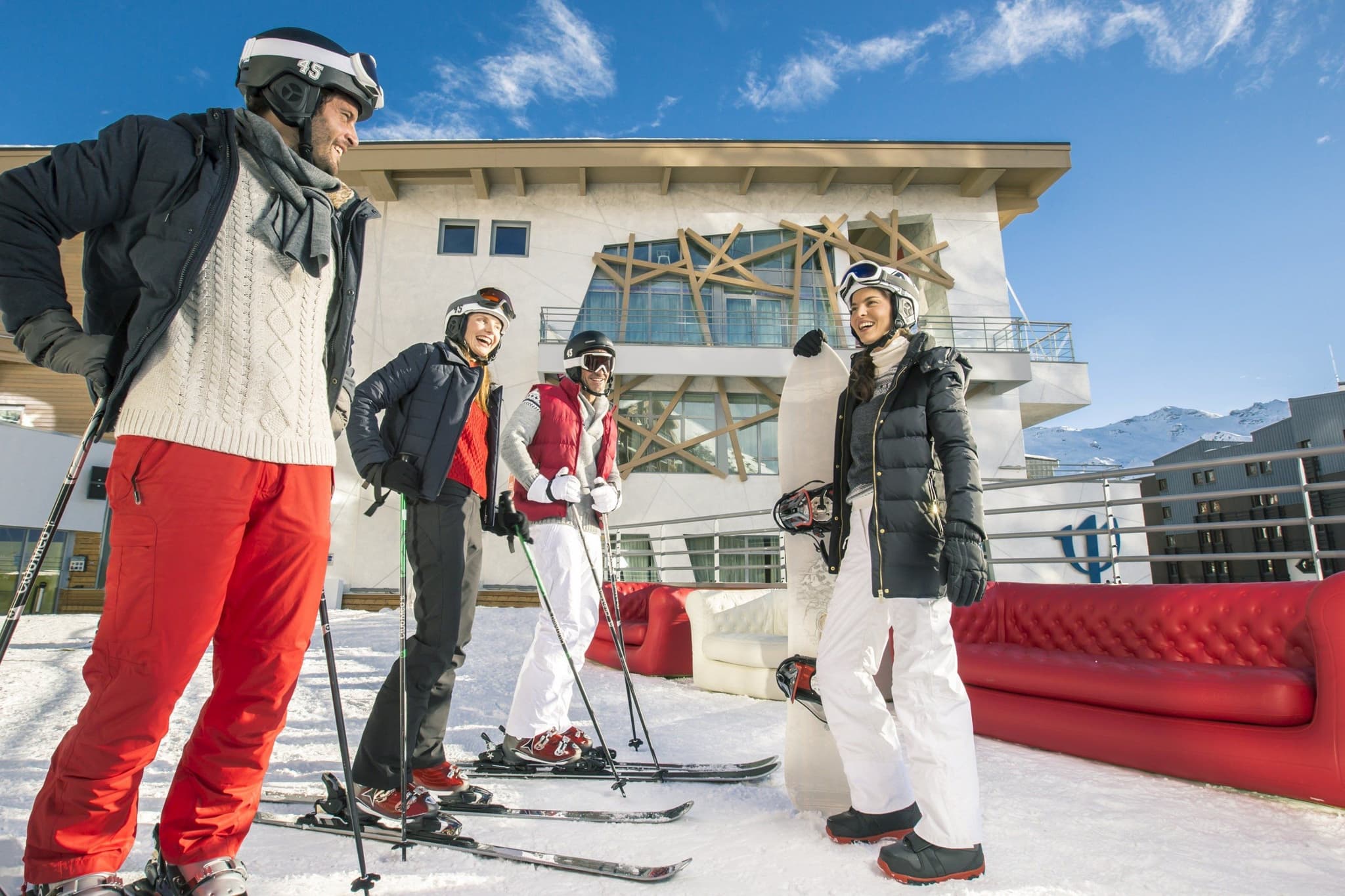 Ski-in/ski-out access terrace with lounge seating and mountain views