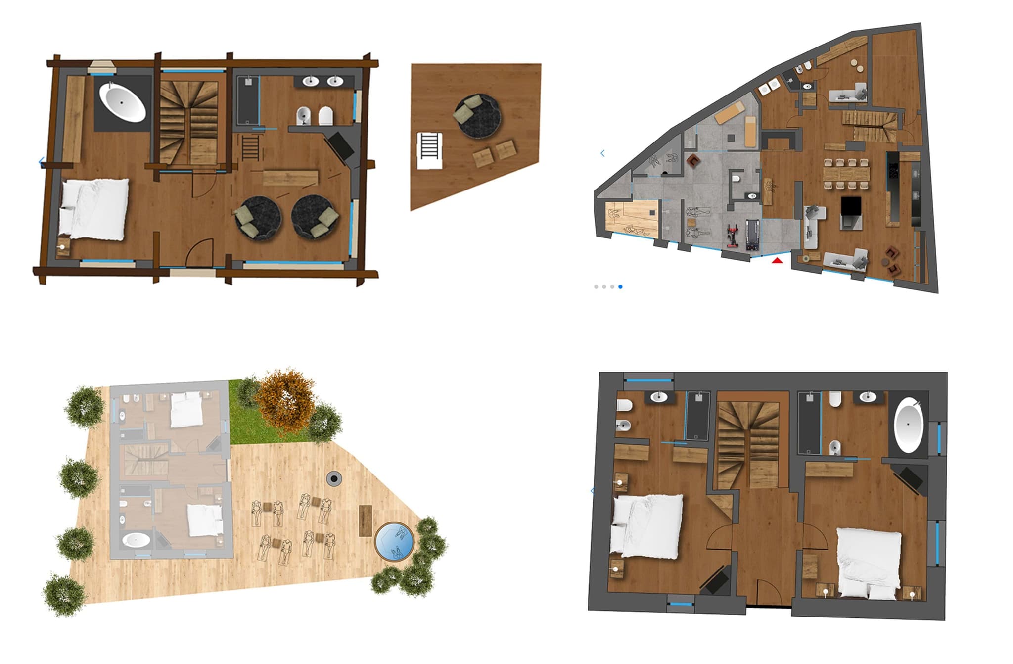 Floor plans for three levels and terrace; includes gym, sauna, and hot tub