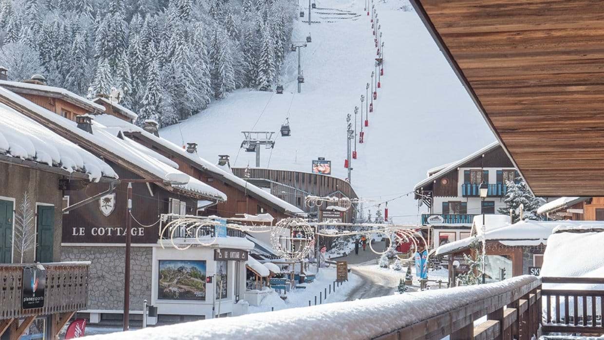 Balcony view overlooking ski village and main gondola lift