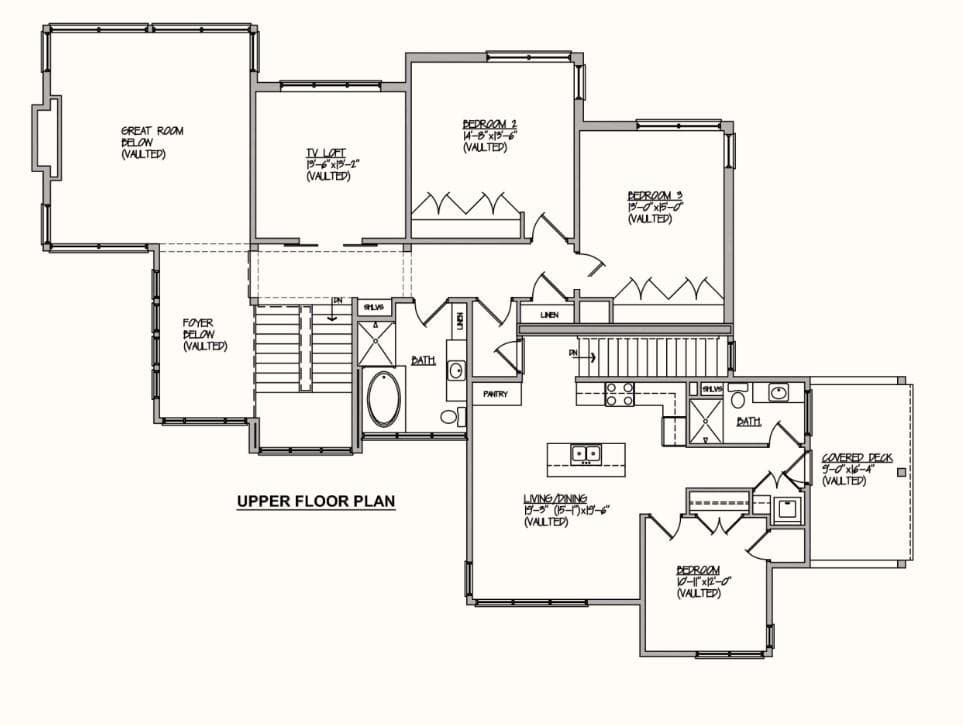 Upper floor plan: three bedrooms, TV loft, and vaulted living area