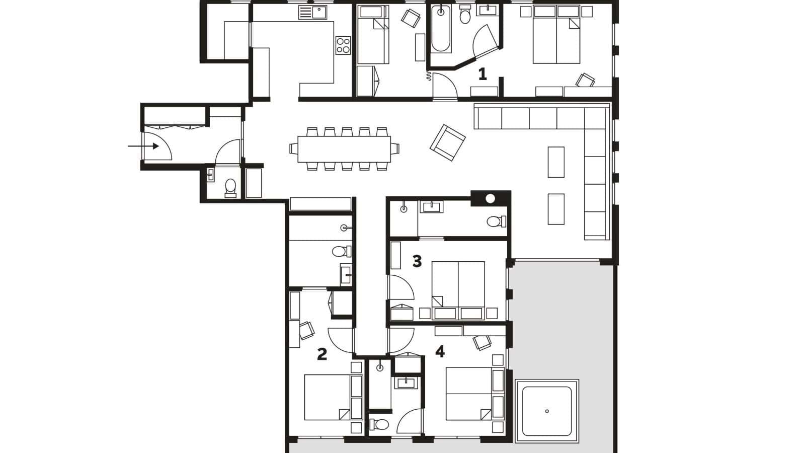 Floor plan: five bedrooms, 10-seat dining area, and terrace with private hot tub