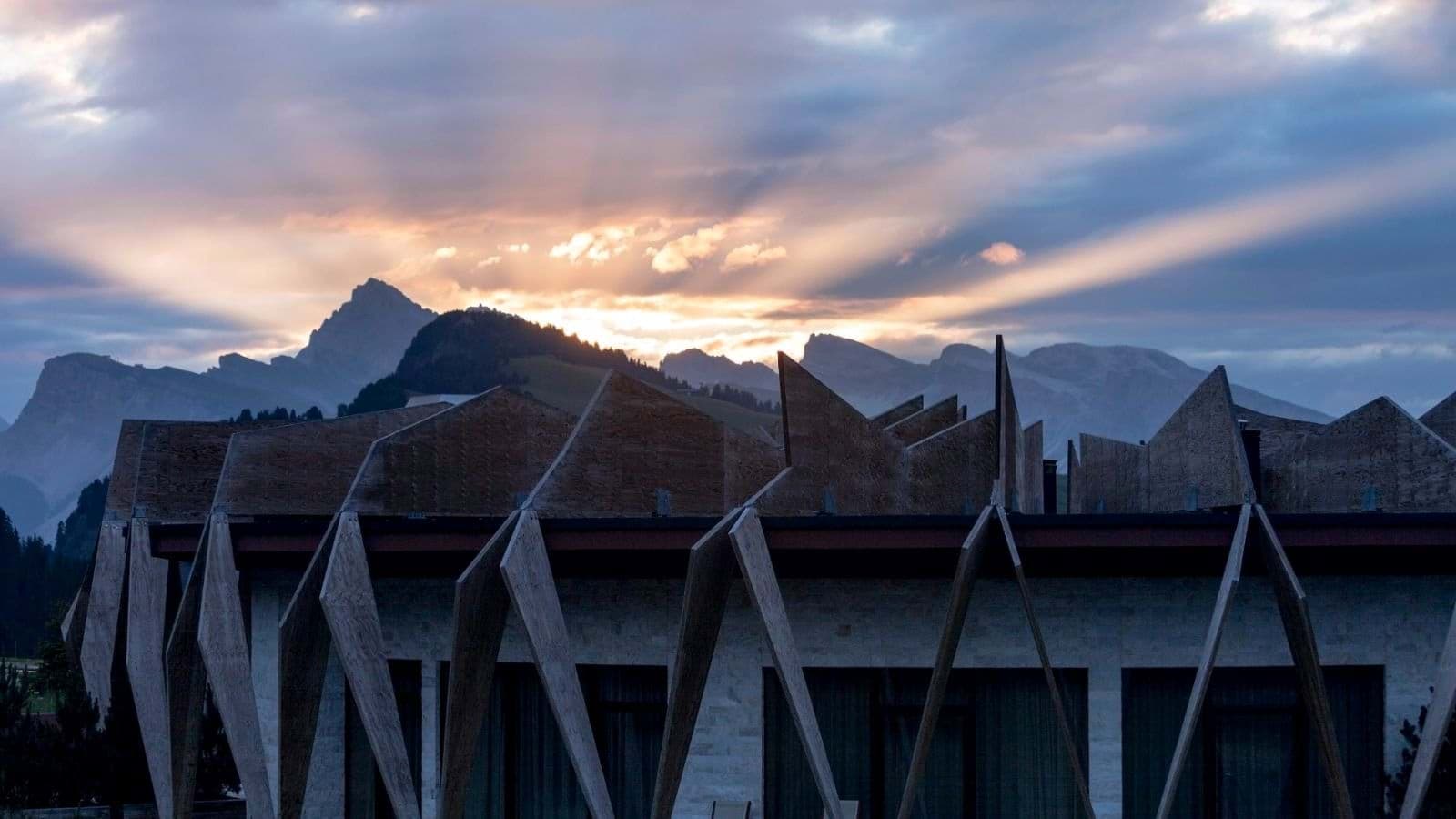 Terrace view of Dolomites peaks during sunset