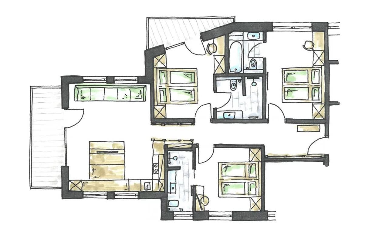 Floor plan: three bedrooms, two bathrooms, open living area, and private balcony