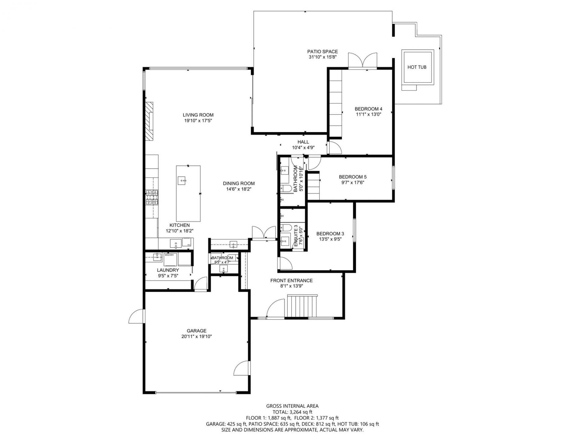 Floor 1 layout: open-plan living, three bedrooms, laundry, and patio with hot tub