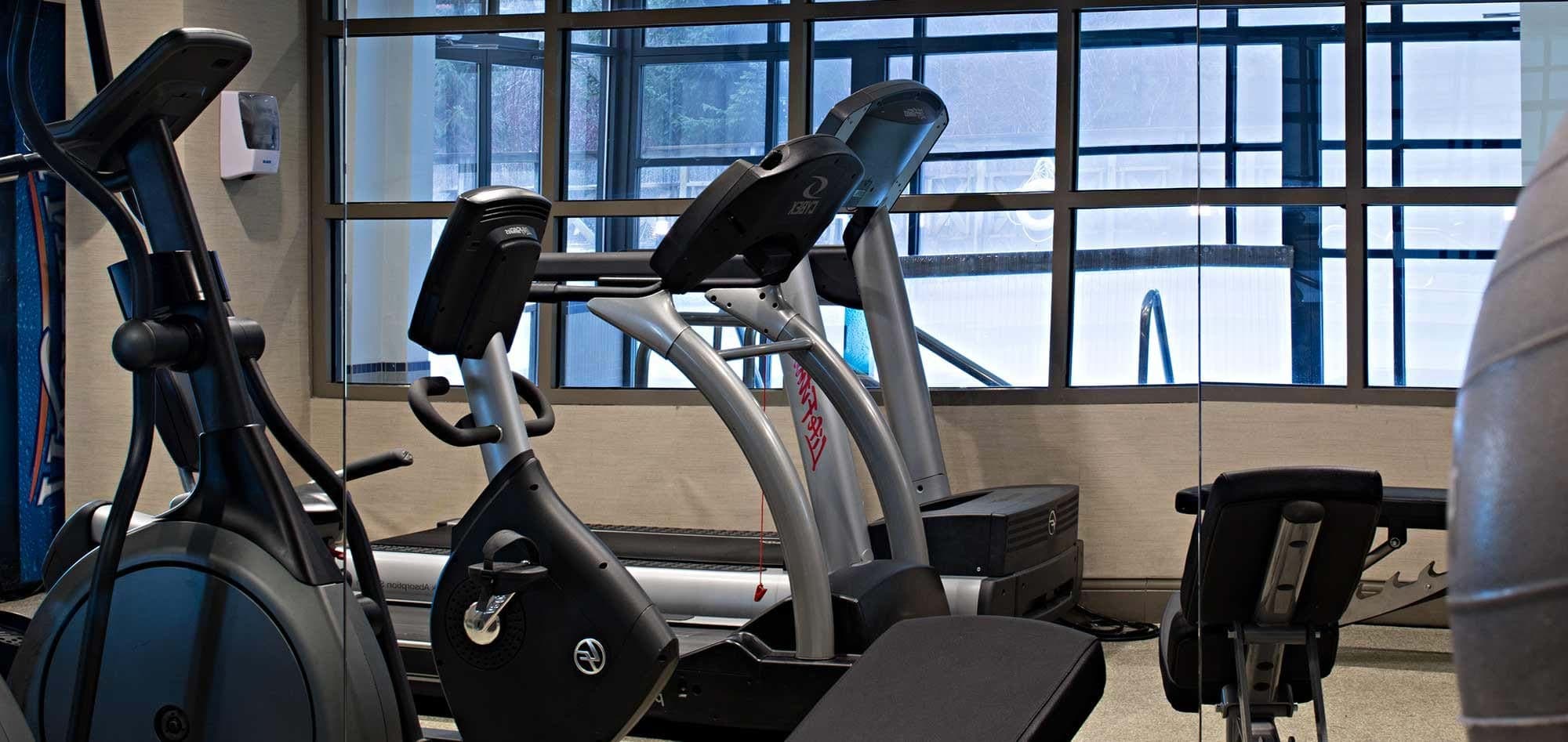 Fitness center with Life Fitness treadmills, ellipticals, and pool views