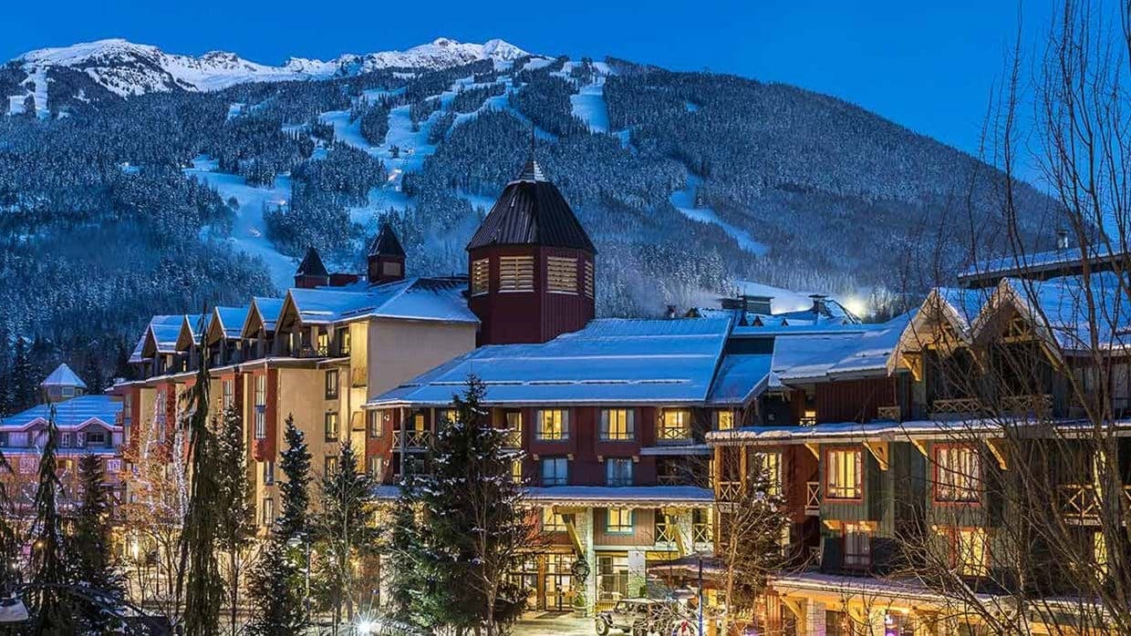 Ski-in/ski-out lodge exterior with direct access to Blackcomb Mountain slopes