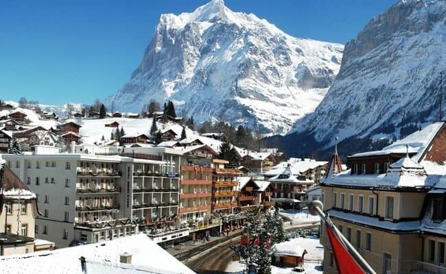 Balcony view of Grindelwald village and the Eiger North Face
