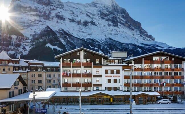 Ski-in/ski-out hotel exterior located directly on the train platform