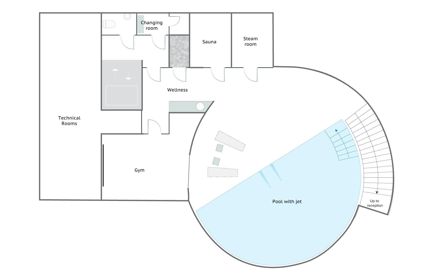 Wellness level floor plan: gym, sauna, steam room, and jet pool