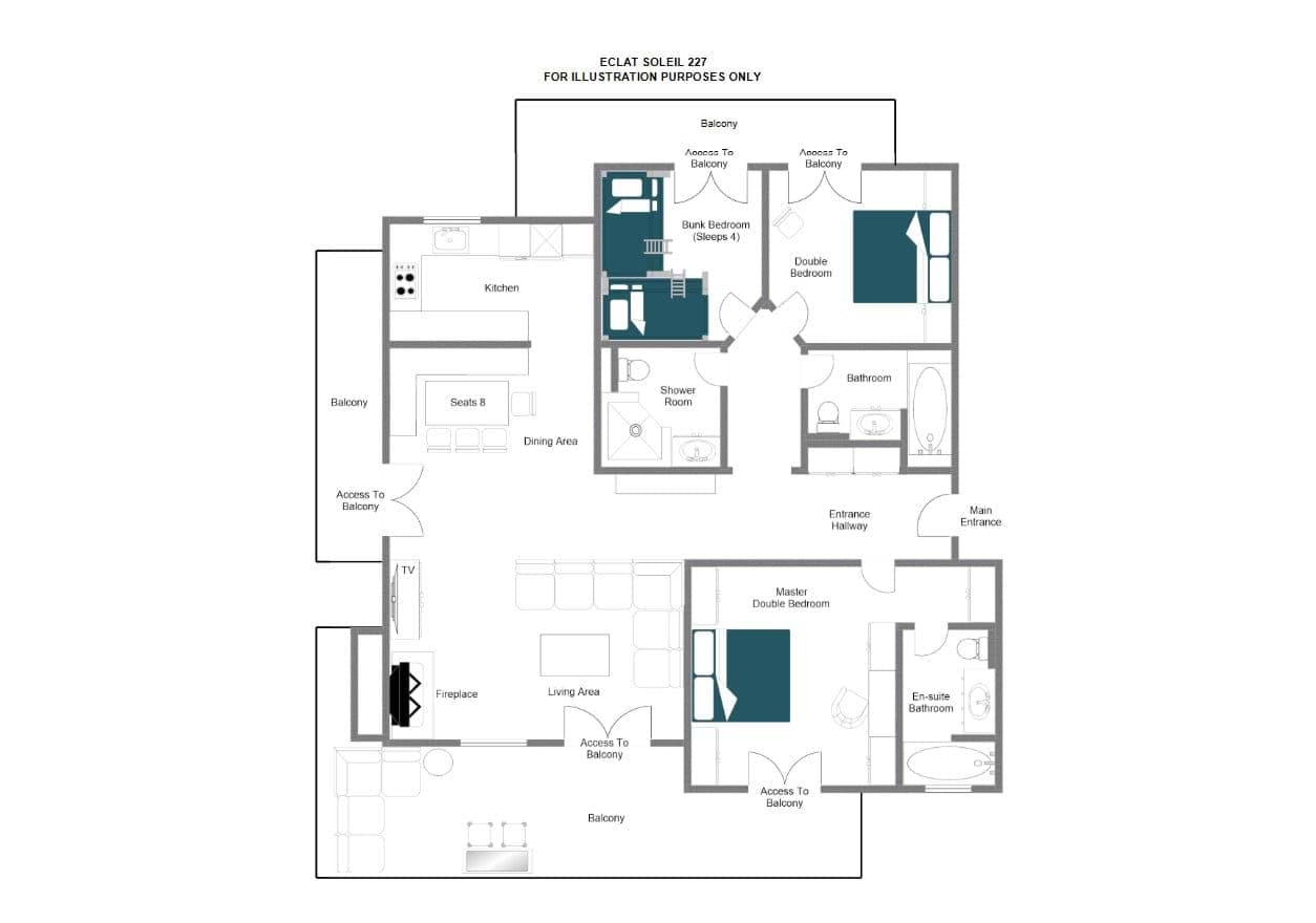 Floor plan: three bedrooms, three bathrooms, and living area with three balconies