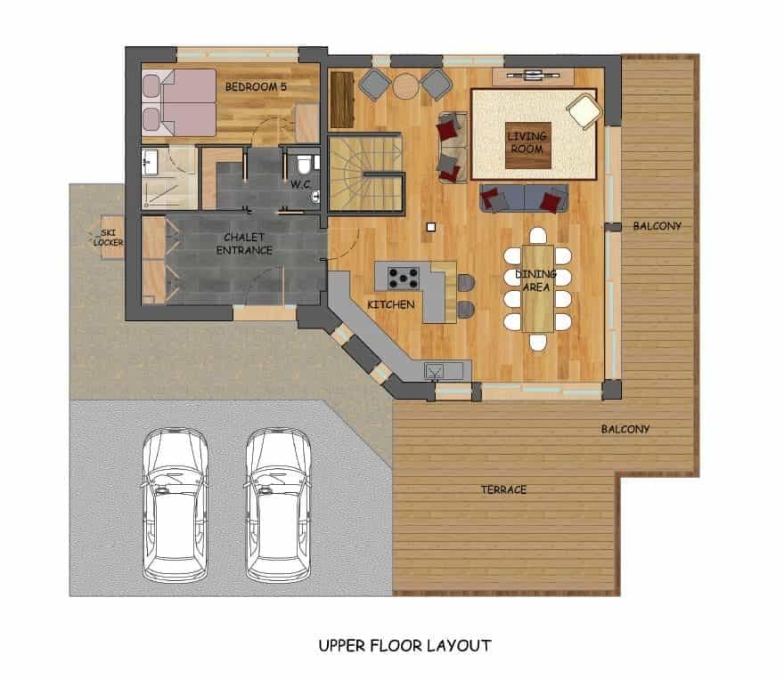 Upper floor plan: kitchen, living area, bedroom 5, and wrap-around terrace