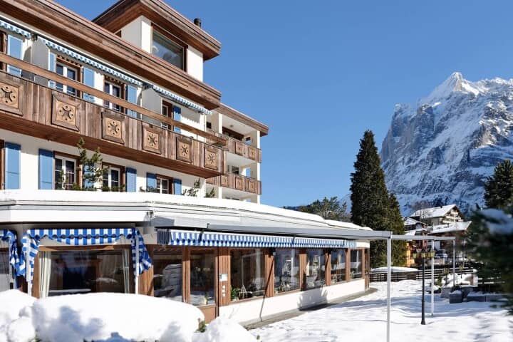 Chalet exterior with private balconies and direct view of Eiger North Face