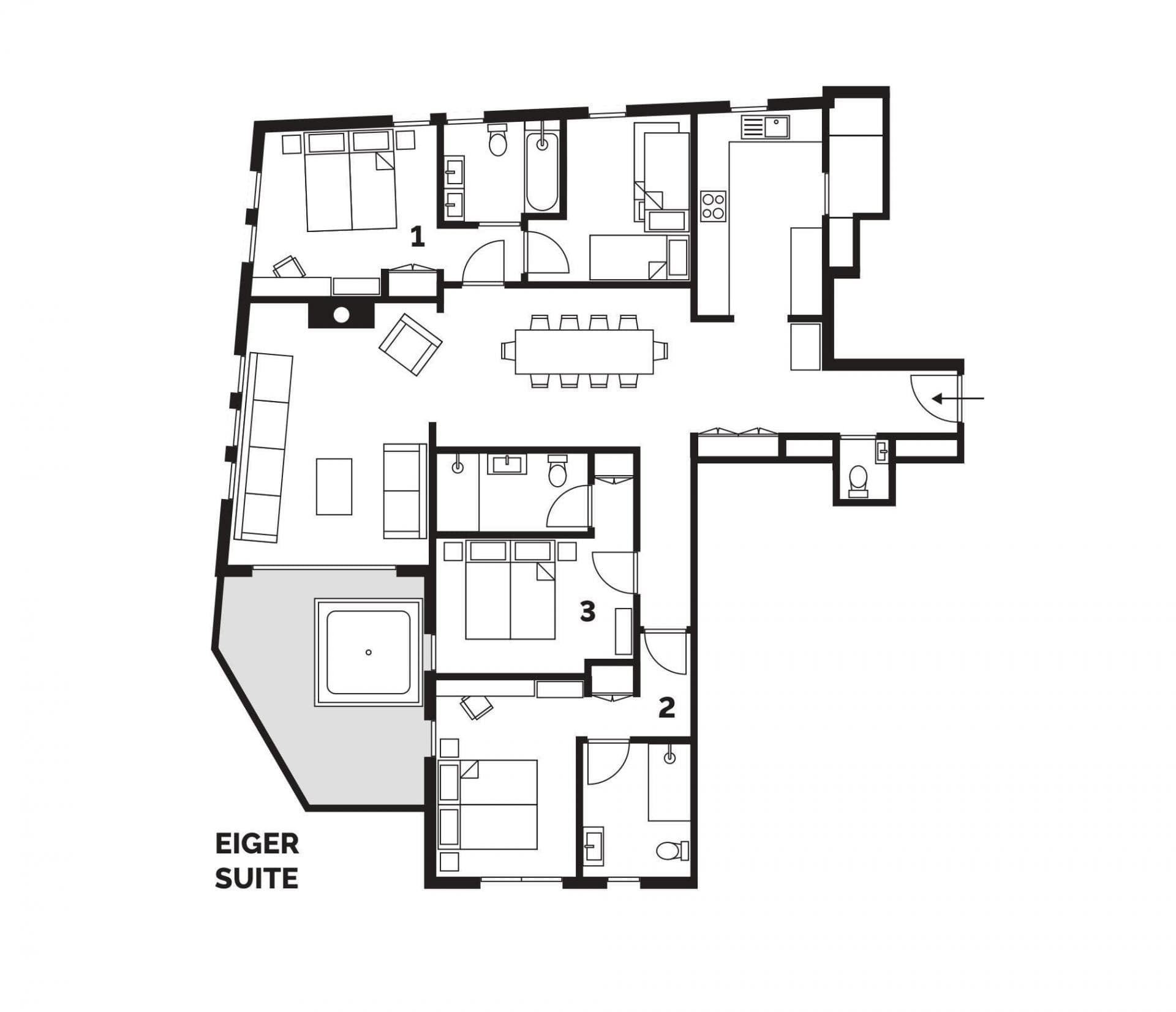 Floor plan: three bedrooms, three bathrooms, kitchen, and terrace with hot tub