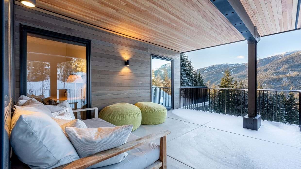 Covered deck with cedar ceiling and panoramic mountain views