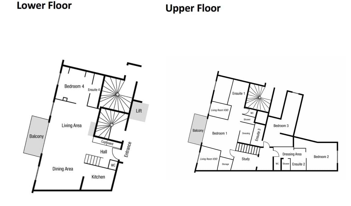 Lower and upper floor layouts: four en-suite bedrooms, study, and private lift access