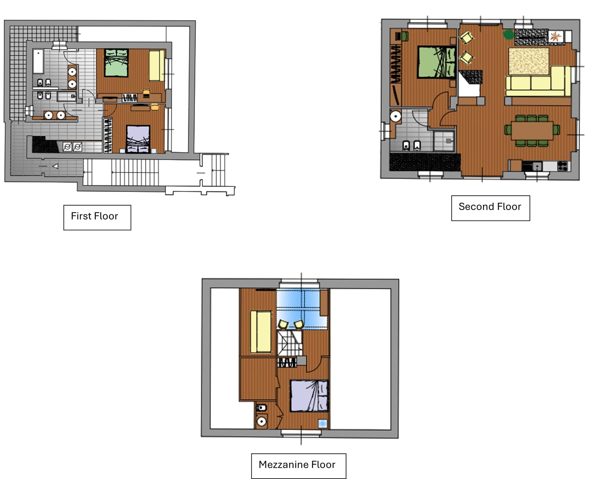 Floor plans for three levels including mezzanine bedroom and open-plan living area