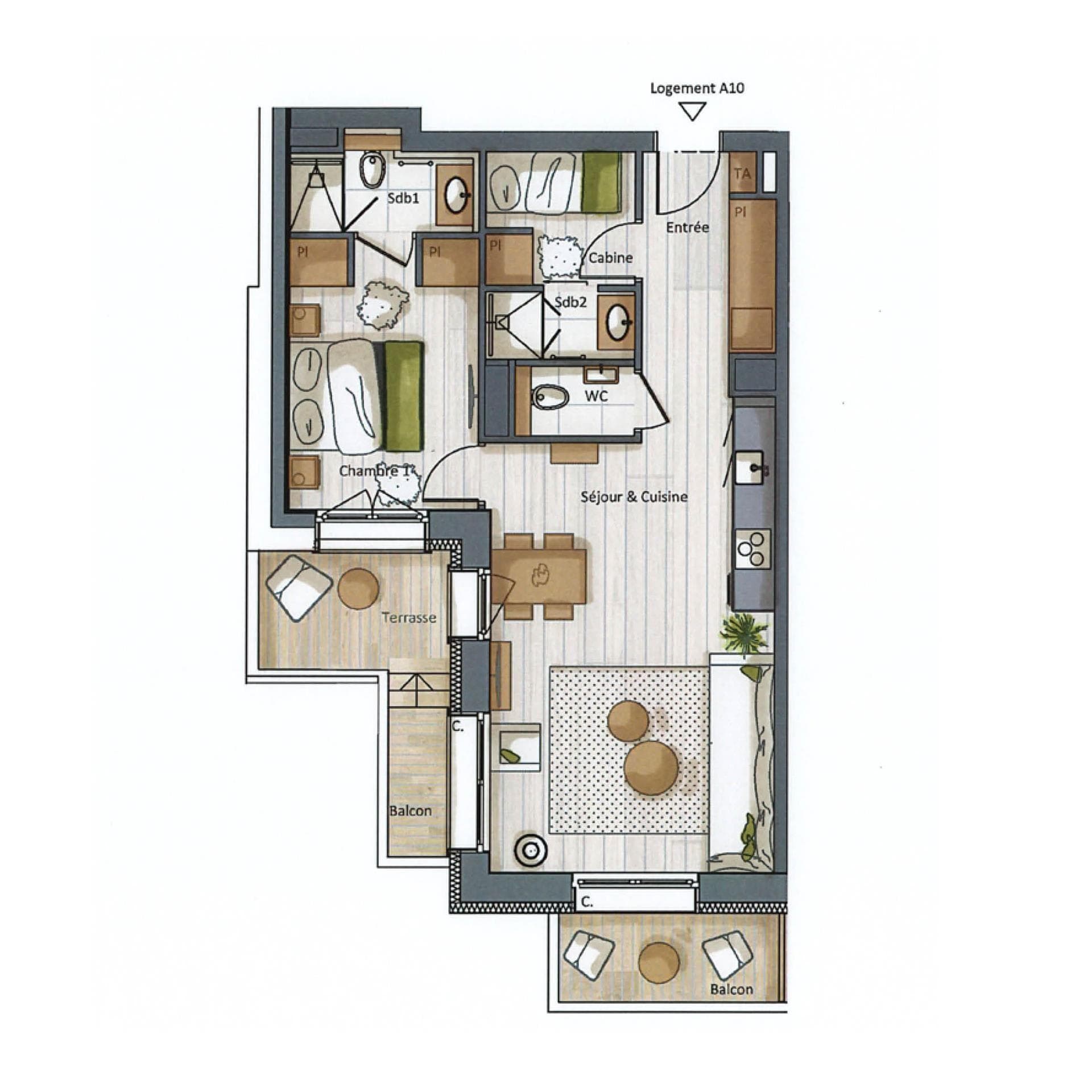 Floor plan: one bedroom plus bunk cabin, two bathrooms, and three outdoor spaces