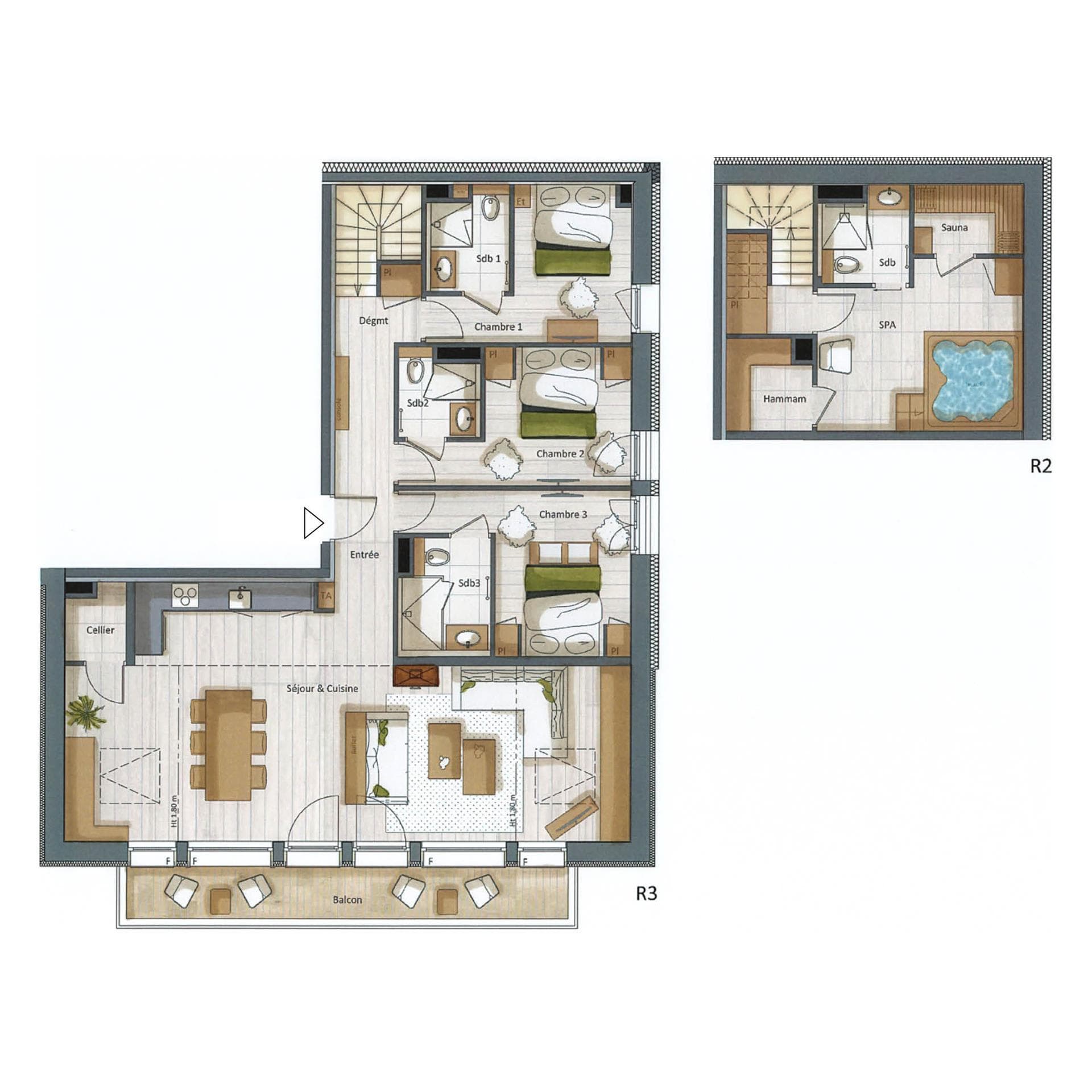 Three-bedroom floor plan with ensuite bathrooms and private spa level