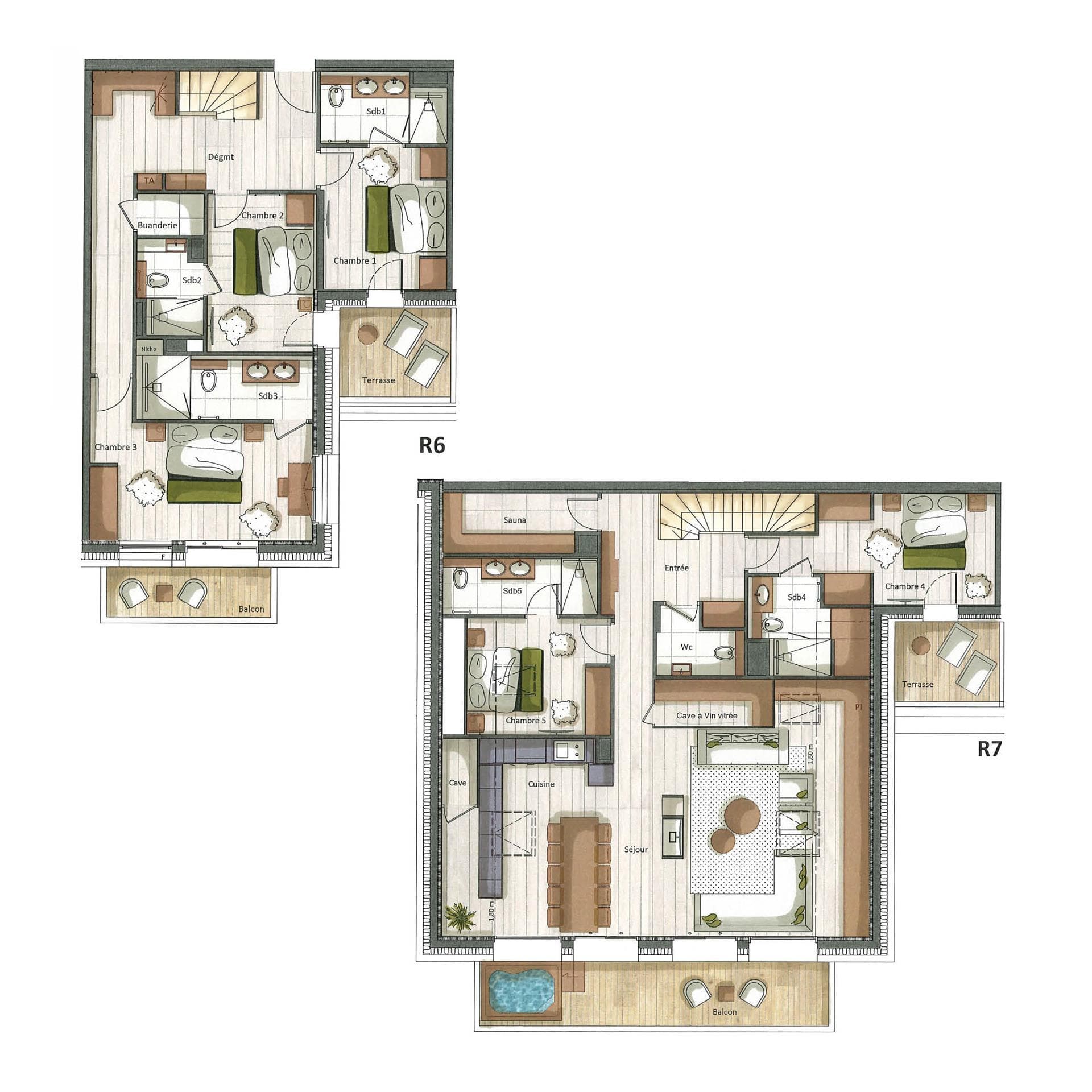 Two-level floor plan: five bedrooms, private sauna, and balcony with hot tub