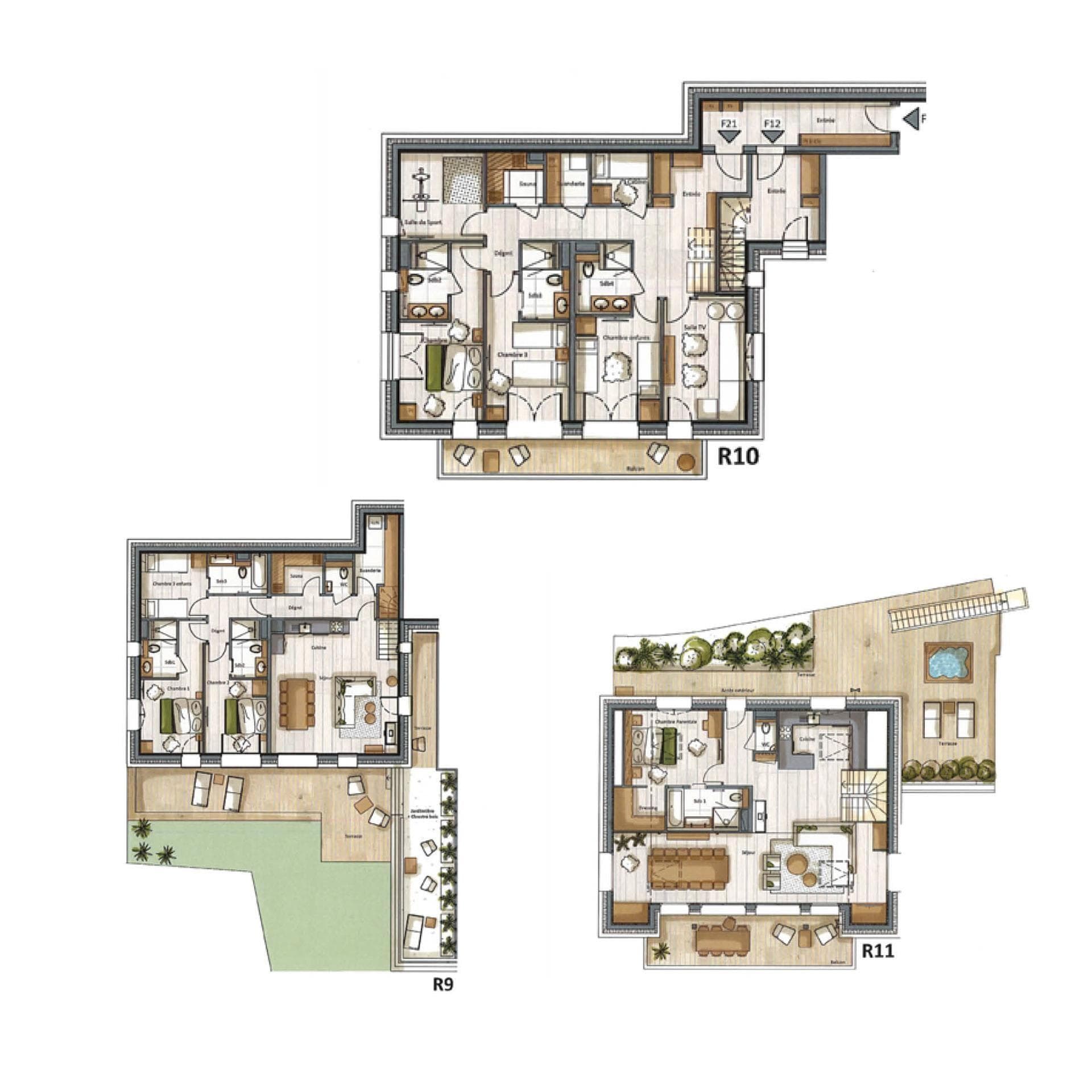 Three-floor plan: showing bedrooms, gym, sauna, and terrace with hot tub