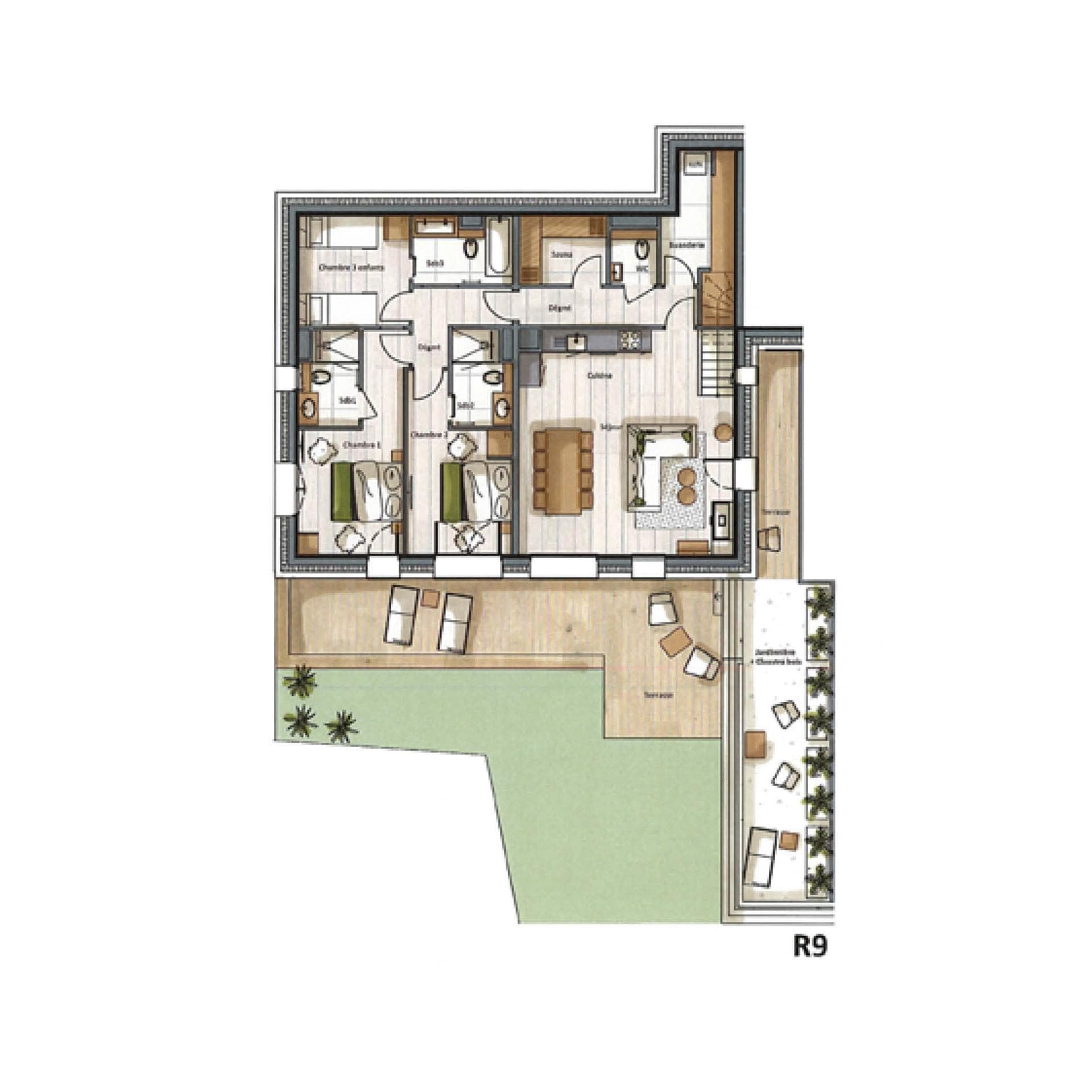 Floor plan: three bedrooms, sauna, open-plan living area, and wrap-around terrace