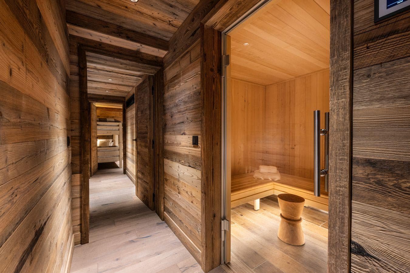 Private sauna with tiered seating located near the bunk room