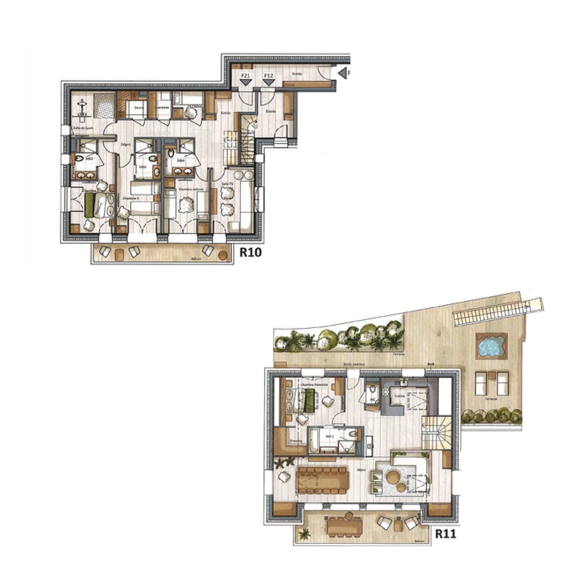 Two-floor plan: four bedrooms, gym, and sauna below rooftop living and terrace