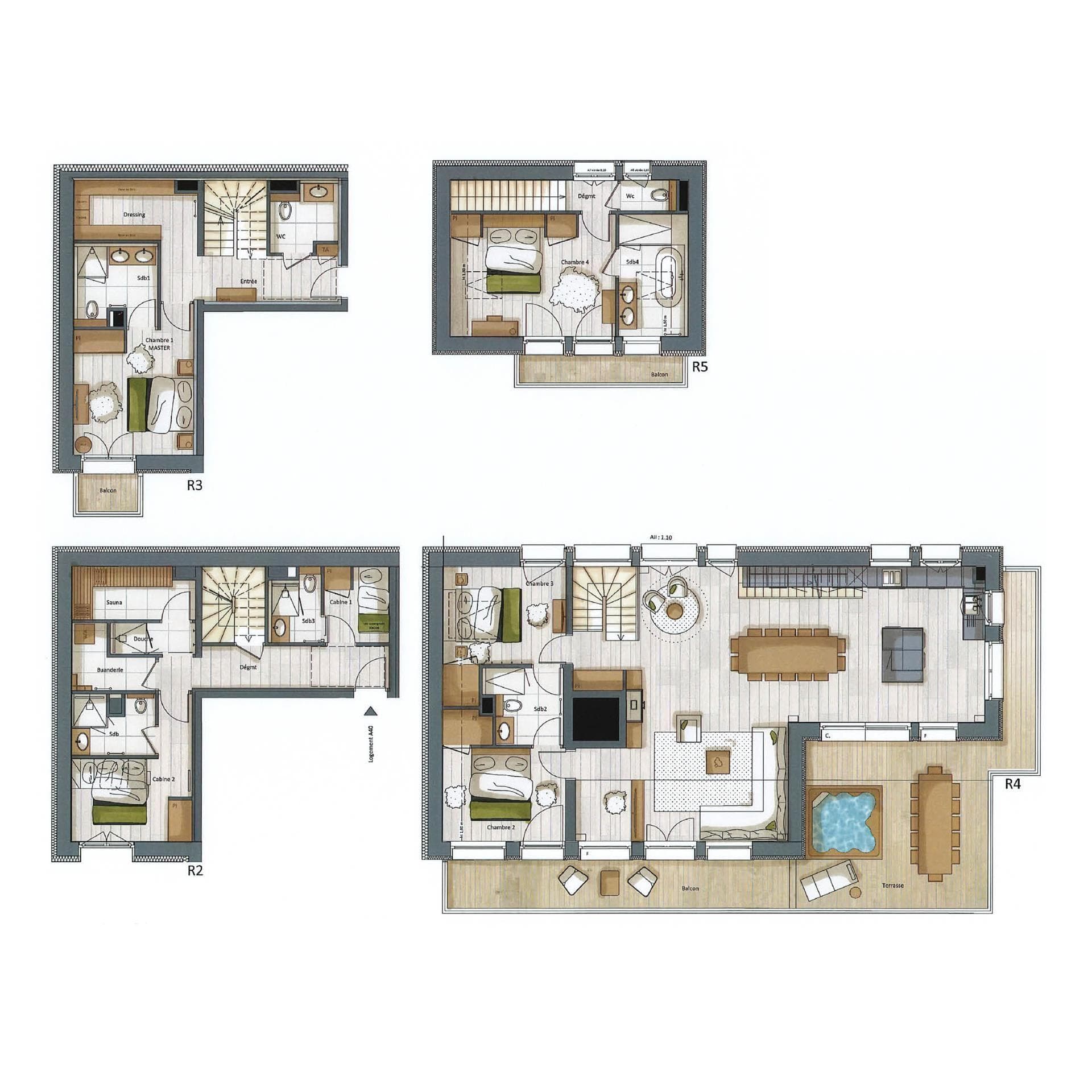 Four-level floor plan featuring private sauna and terrace hot tub
