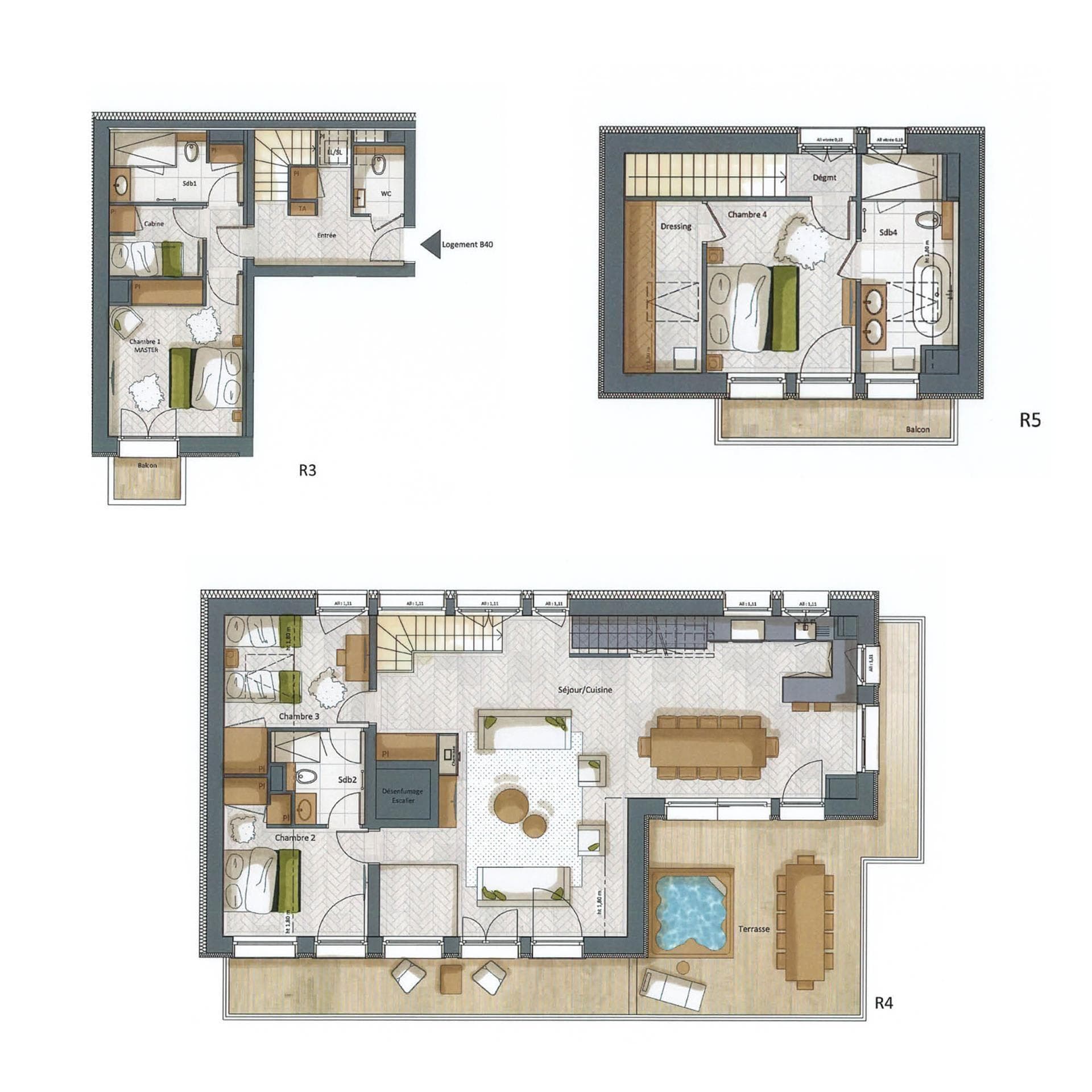 Three-level floor plan: four bedrooms, open-plan living, and terrace with hot tub