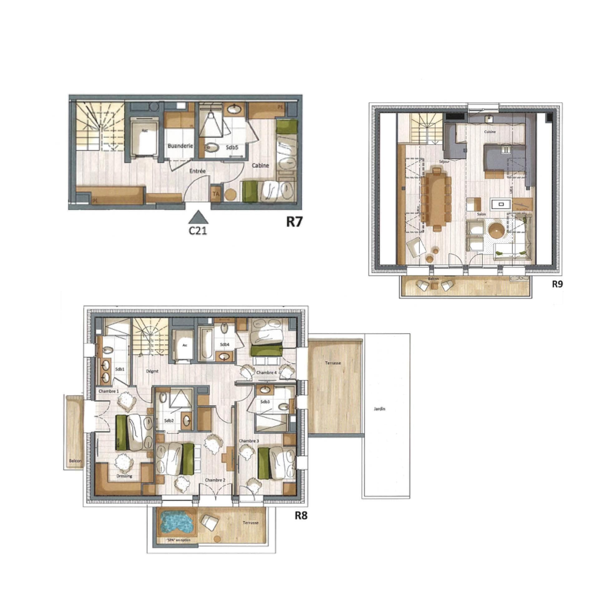 Three-level floor plan with four bedrooms and dining seating for 10
