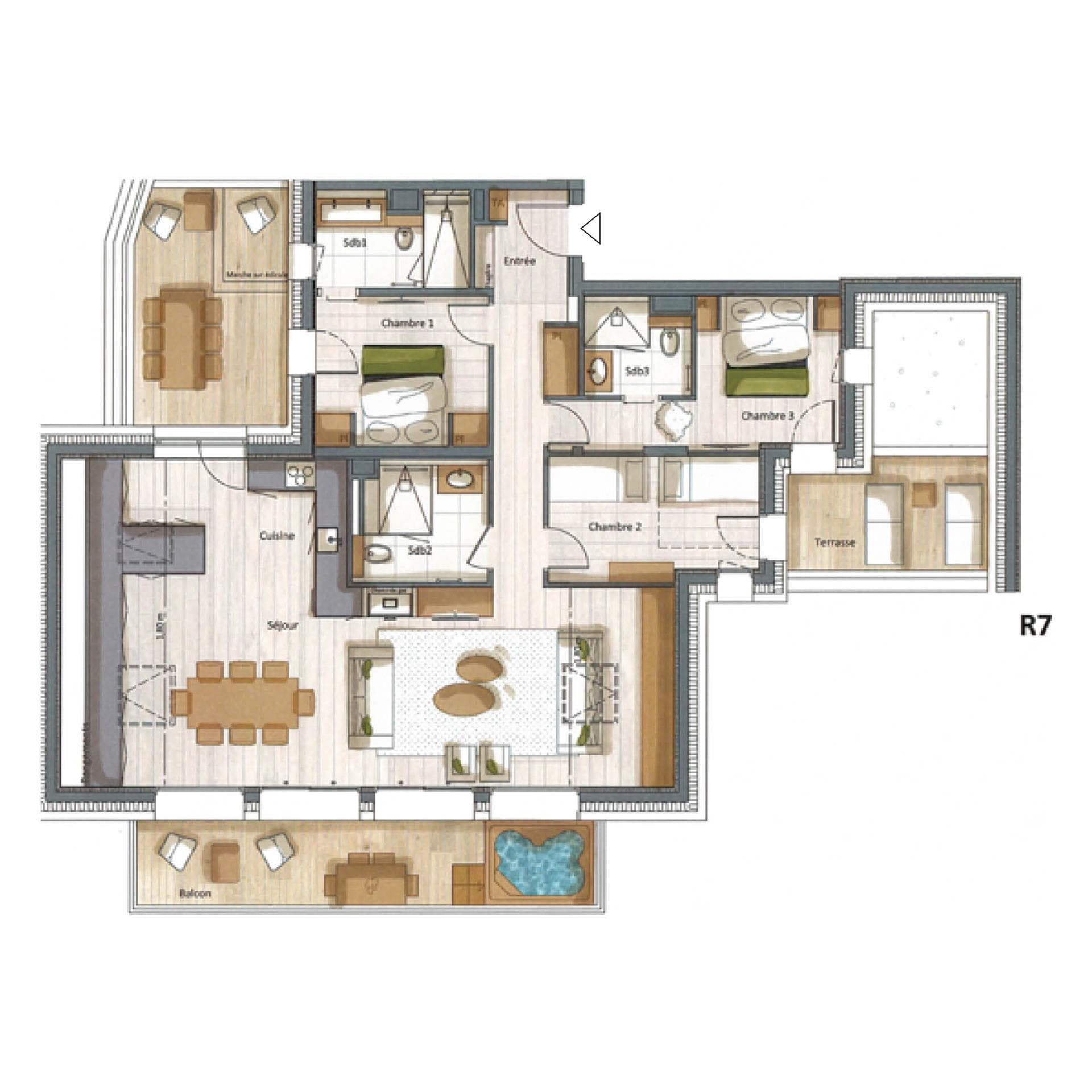 Floor plan: 3 bedrooms, 3 ensuite bathrooms, balcony with hot tub, and terrace