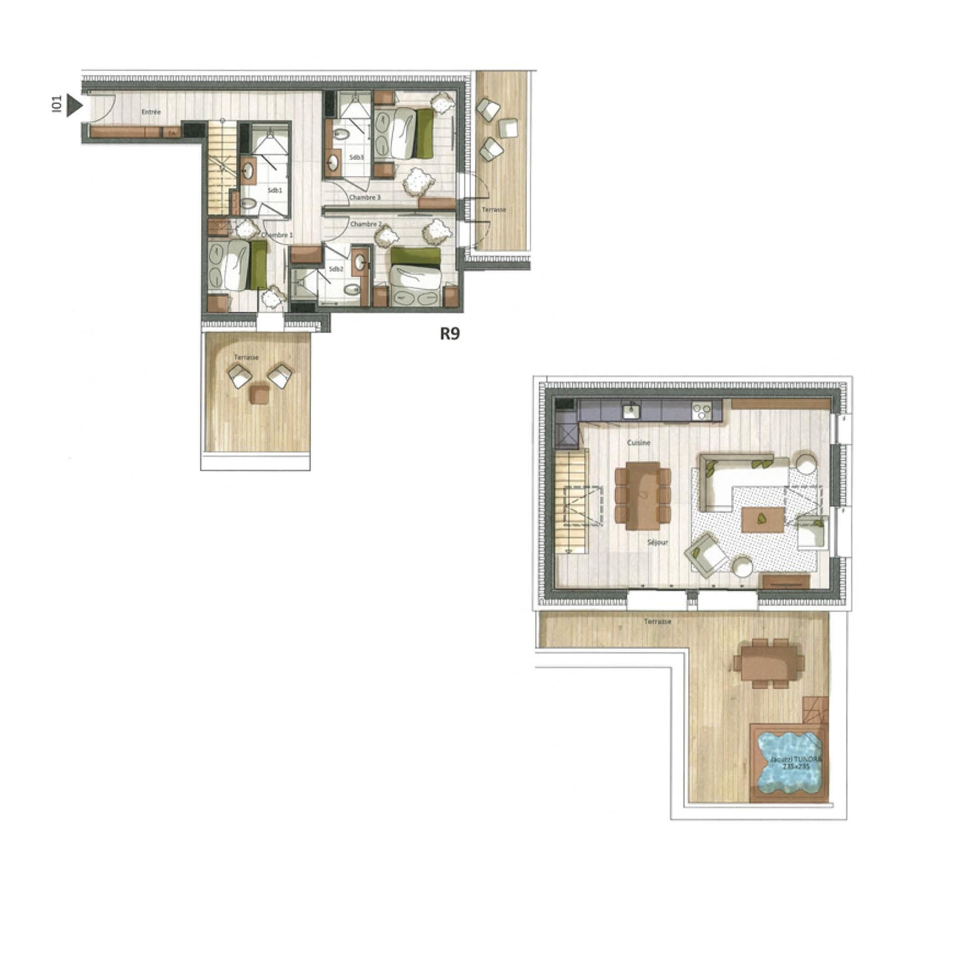 Two-level floor plan with three ensuite bedrooms and private hot tub terrace