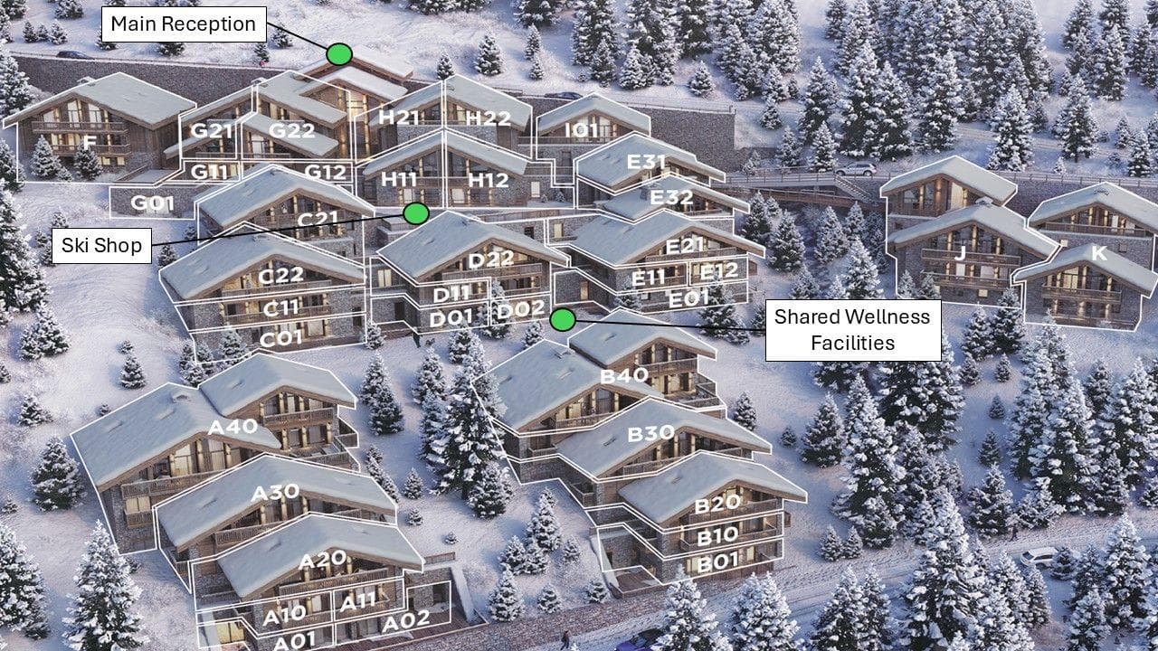 Complex map showing unit locations relative to ski shop and wellness facilities